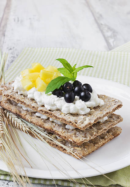 rye bread with cottage cheese stock photo