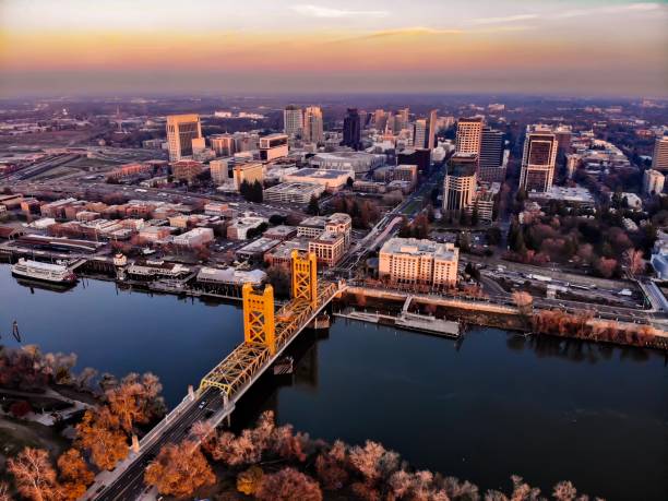 Sacramento from Above Drone shot of Sacramento tower bridge stock pictures, royalty-free photos & images