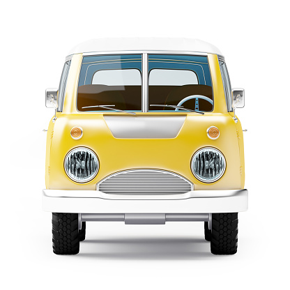 retro safari van in cartoon style, front view, isolated on white
