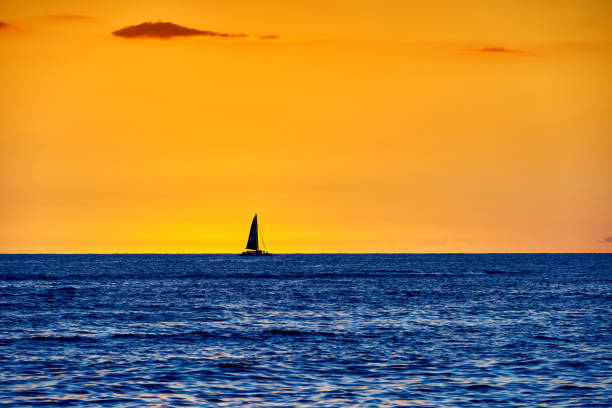 Sailboat Sailing at Sunset Horizon Over Sea, Hawaii, USA stock photo
