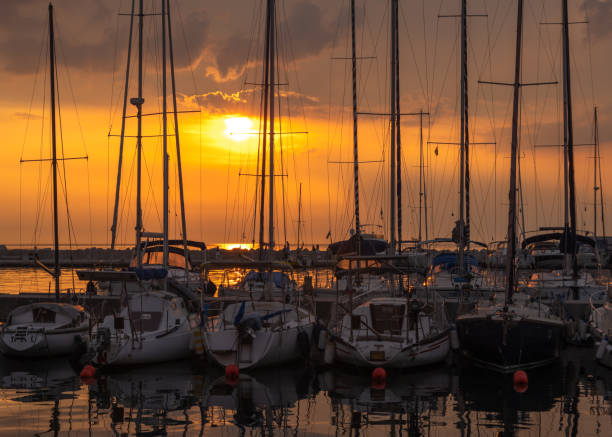 Sailboats at sunset stock photo