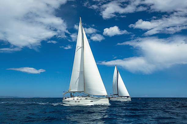 sailing at the aegean sea in greece. sailing regatta. - segelbåt bildbanksfoton och bilder