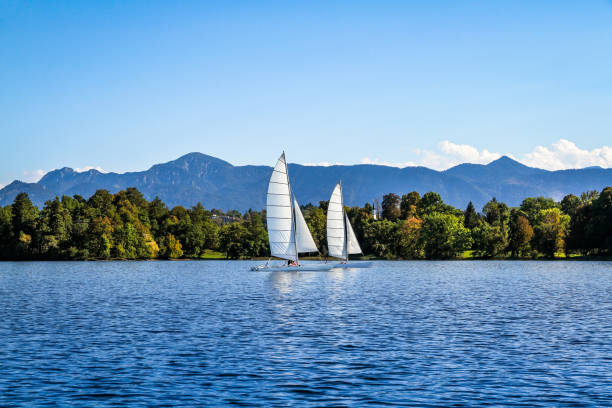 Sailing on Lake Staffelsee, Upper Bavaria, Germany Sailing on Lake Staffelsee, Upper Bavaria, Germany lake staffelsee stock pictures, royalty-free photos & images