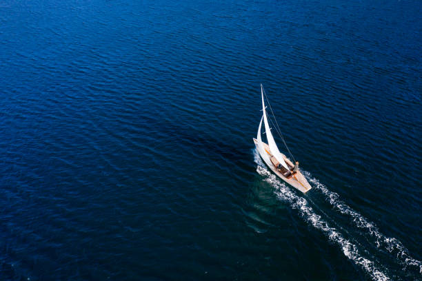 Sailing Classic sail boat in Mediterranean sea, aerial view nautical vessel stock pictures, royalty-free photos & images