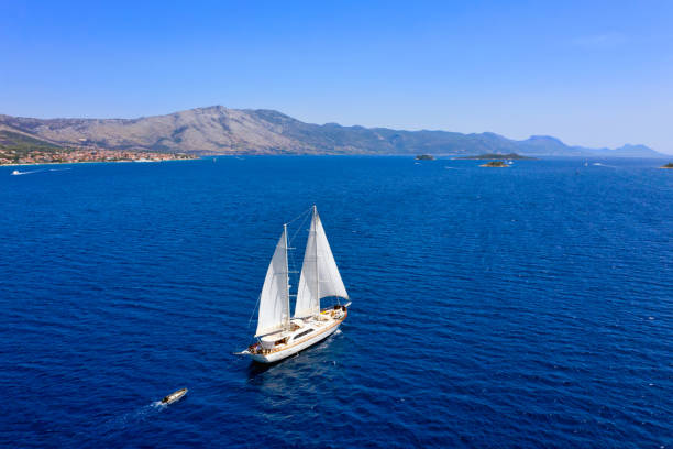 Sailing ship Sailing ship near Korcula Island, Croatia adriatic sea stock pictures, royalty-free photos & images