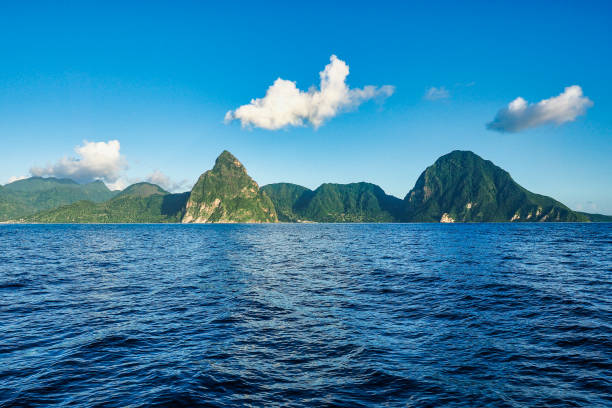 Sailing to the Pitons in the Caribbean Sea at Soufriere, St. Lucia, Lesser Antilles stock photo