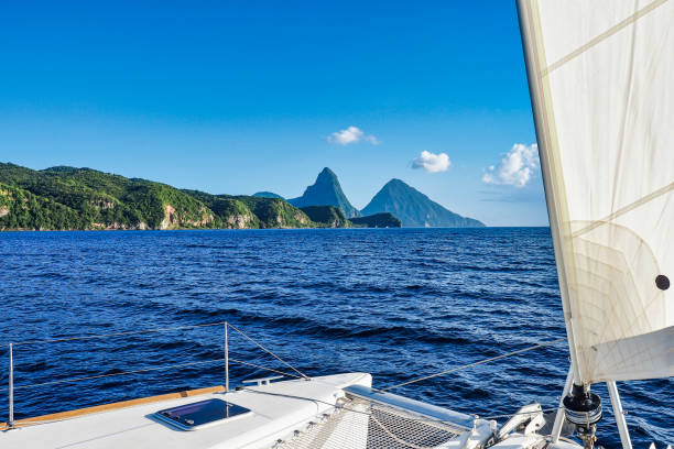 Sailing to the Pitons in the Caribbean Sea at Soufriere, St. Lucia, Lesser Antilles stock photo