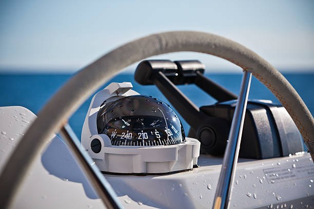Sailing yacht control wheel and implement stock photo