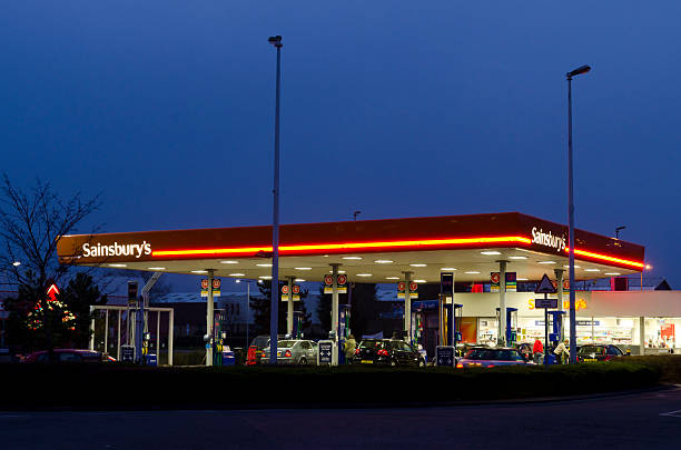 Sainsbury's petrol station at dusk, United Kingdom stock photo