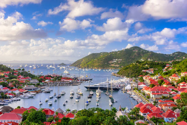 Saint Barthelemy skyline Saint Barthelemy skyline and harbor in the West Indies of the Caribbean. antilles stock pictures, royalty-free photos & images