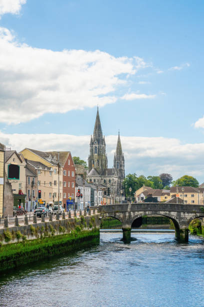 Saint Fin Barre's Cathedral and  south gate bridge on river Lee in Cork stock photo