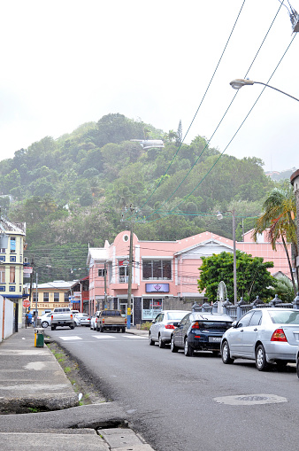 Castries,Saint Lucia-January 28, 2014:Vertical image of St. Lucia streets covered in fog as it rains.Rainy weather.