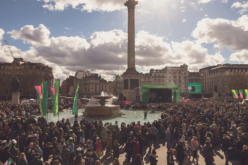 London, UK - Mar 17, 2019: St Patrick's Day Parade and Festival at Trafalgar Square early in the day.
