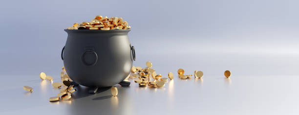 Saint Patricks Day pot full of golden coins fortune, good luck. 3d render stock photo