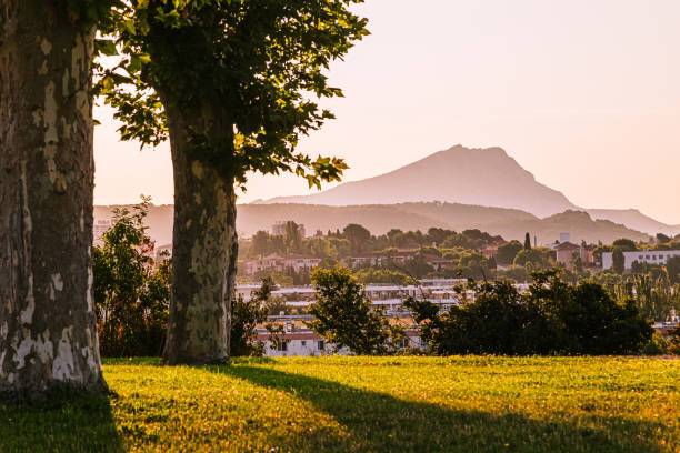 Sainte Victoire mountain in the light of a summer morning stock photo