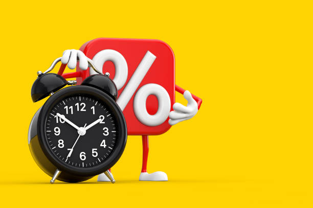 Sale or Discount Percent Sign Person Character Mascot with Alarm Clock. 3d Rendering stock photo
