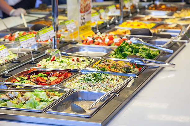 Sale variety of different salads in cafe stock photo