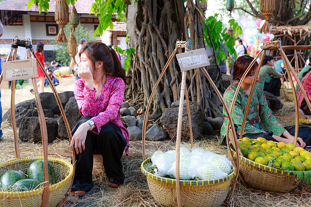 salesgirl with her bamboo basket full of fruits Hochiminh City, Vietnam - March 5, 2016 : salesgirl with her bamboo basket full of vegetables in the culinary fair at the Van Thanh tourist area, Ho Chi Minh City which is modeled on the traditional market in the village Vietnam salesgirl stock pictures, royalty-free photos & images