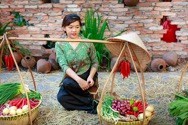 salesgirl with her bamboo basket full of fruits Hochiminh City, Vietnam - March 5, 2016 : salesgirl with her bamboo basket full of vegetables in the culinary fair at the Van Thanh tourist area, Ho Chi Minh City which is modeled on the traditional market in the village Vietnam salesgirl stock pictures, royalty-free photos & images