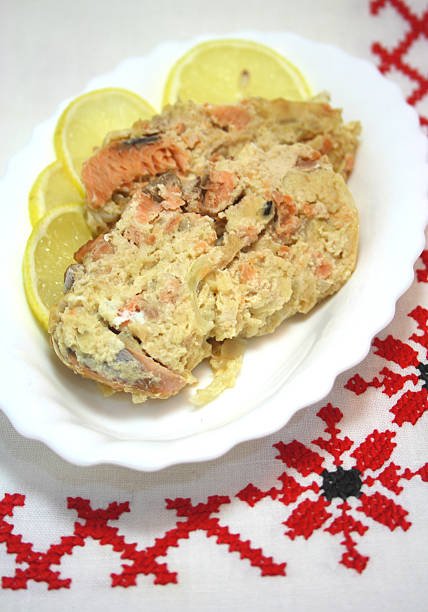 Salmon casserole on plate stock photo