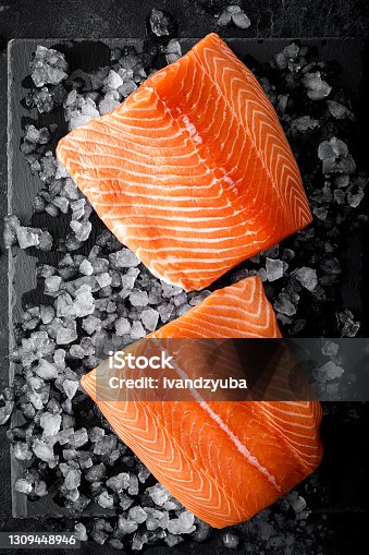 istock Salmon fillet. Slices of fresh raw salmon fish on ice 1309448946