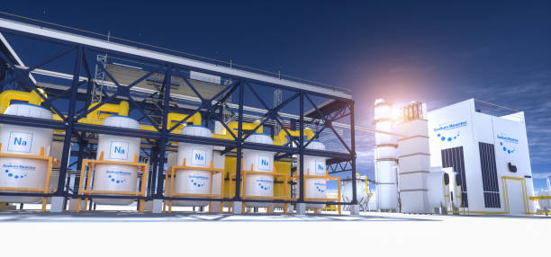 salt energy storage natrium sodium nuclear reactor power plant on a sunny day. Molden Salt energy storage is a future energy concept. 3d rendering stock photo