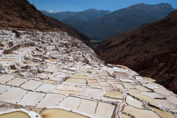 Salt evaporation ponds in the town of Maras in the Sacred Valley near Cusco stock photo