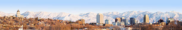 Salt Lake City at evening Panorama with Capitol Building stock photo