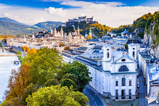 Salzburg, Austria. Beautiful view of Salzburg skyline with Hohensalzburg castle and oldtown, Salzburger Land, Austria.