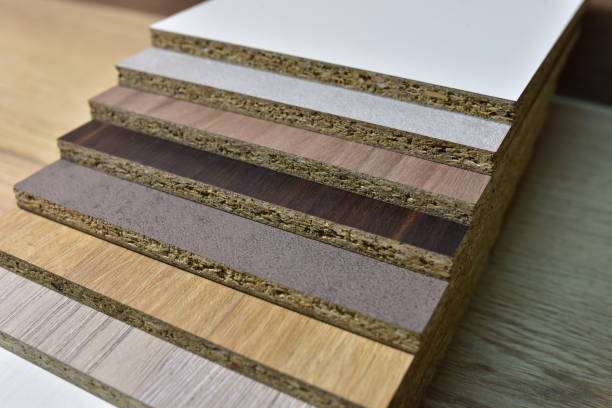 Samples of fibreboard panels with wood texture. Laminated CPD. Chipboard PVC edge. Wooden furniture CMD and MDF. stock photo