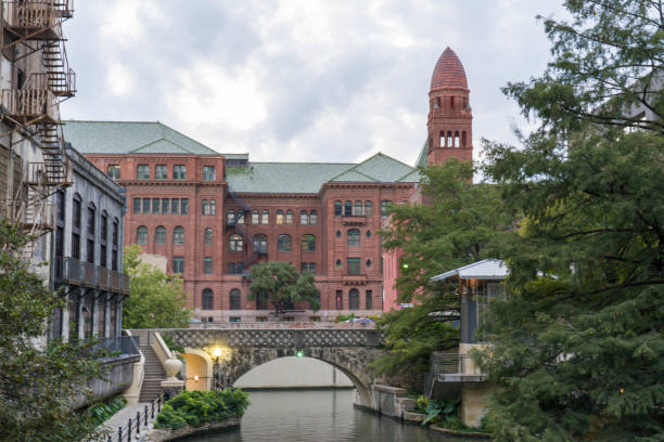 San Antonio River Walk with Court House in Background Close Up stock photo