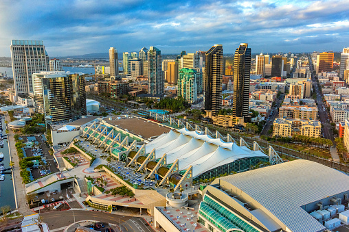 Aerial view of the downtown area of San Diego, California with the famed convention center, home of Comic Con, in the foreground shot from an altitude of about 700 feet during a helicopter photo flight.