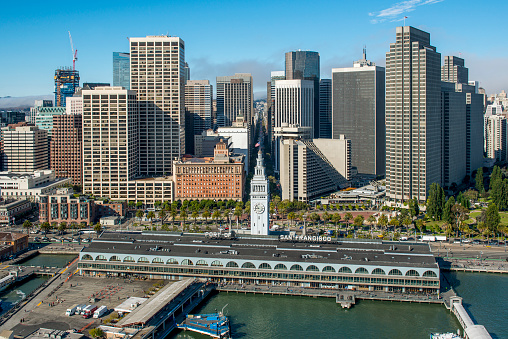 Aerial view of the Port Of San Francisco Ferry Building on the Embarcadero.