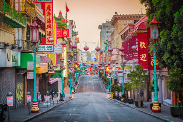 San Francisco's Chinatown at sunrise, California, USA Famous San Francisco's Chinatown, the oldest Chinatown in North America and the largest Chinese enclave outside Asia, in beautiful morning light at sunrise, California, USA chinatown stock pictures, royalty-free photos & images