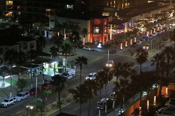 San Jose del Cabo hotel zone street, night, from above stock photo