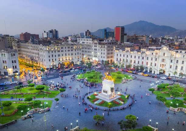 San Martin Square, in Lima, Peru. LIMA, PERU: Panoramic view of San Martin square. peru stock pictures, royalty-free photos & images