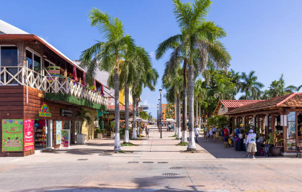 San Miguel de Cozumel, Mexico, Central Plaza and colorful colonial city downtown streets during peak months of high tourist season stock photo