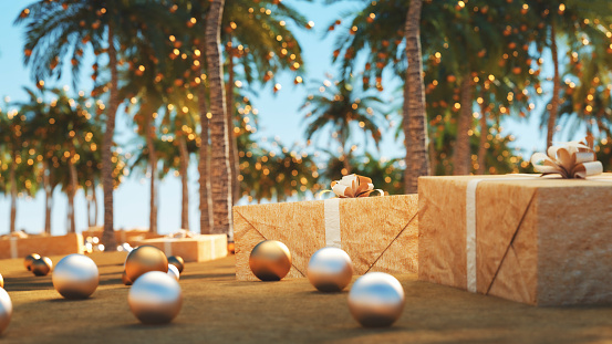 Sand beach and palms with Christmas decoration. 3D generated image.