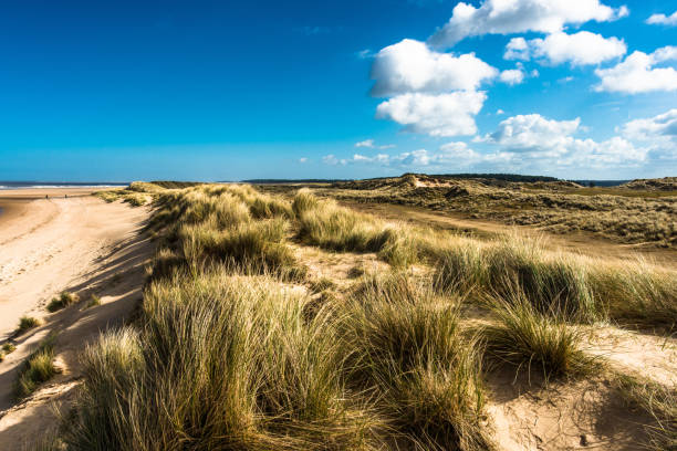 Sand dunes where Norfolk Coast path National Trail from Barnham Overy Staithe reaches the sea stock photo