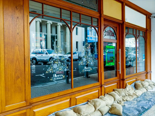 Sandbags in front of shop, prepared for expected flooding. Maryborough, QLD stock photo