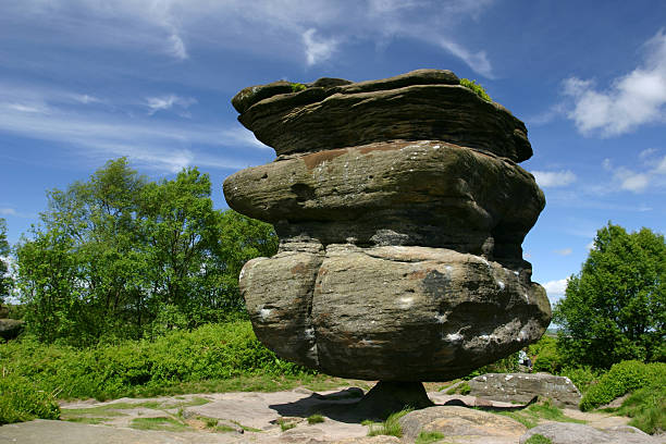 sandstone erosion sanstone balanced on a small pedestal due to wind erosion brimham rocks stock pictures, royalty-free photos & images