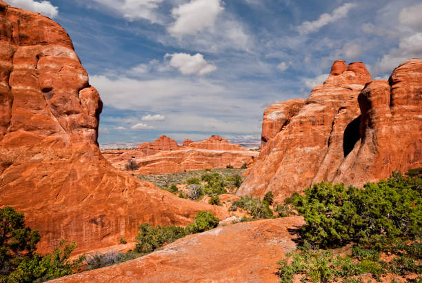 Sandstone Formations in Devil's Garden Devil's Garden is an area of uncommon beauty featuring natural sandstone arches, walls and rock fins.  Devil's Garden is in Arches National Park near Moab, Utah, USA. jeff goulden arches national park stock pictures, royalty-free photos & images