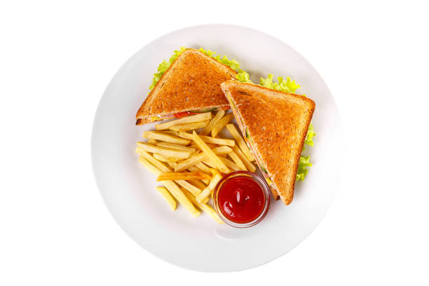 Sandwich and French fries isolated white stock photo