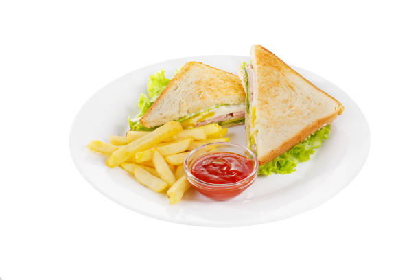 Sandwich with eggs, French fries isolated white stock photo