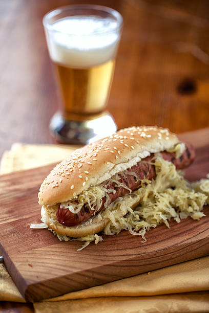 Sandwich with sausage and sauerkraut stock photo