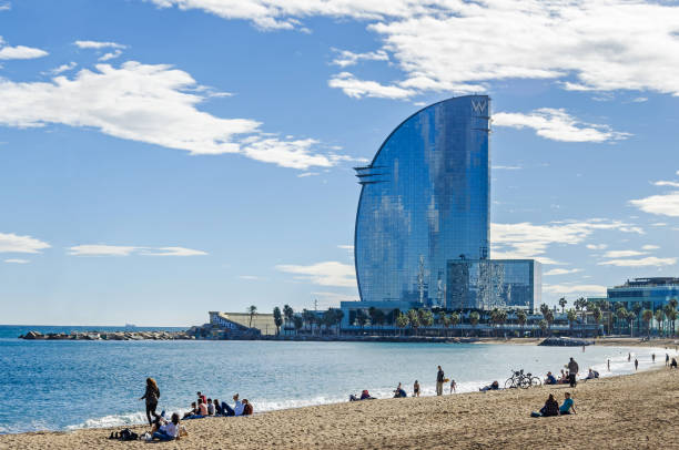 Sant Miquel beach and W Barcelona, the Hotel Vela stock photo