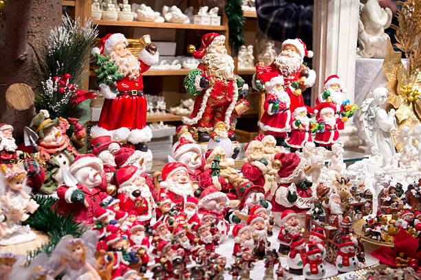 Santa Claus figures on Christmas market stock photo