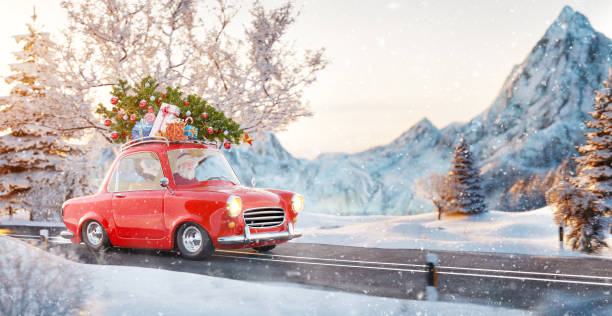 Santa claus in Cute car with decorated christmas tree on top goes by wonderful countryside road. Santa claus in Cute little retro car with decorated christmas tree on top goes by wonderful countryside road. Unusual christmas 3d illustration funny santa cartoons pictures stock pictures, royalty-free photos & images