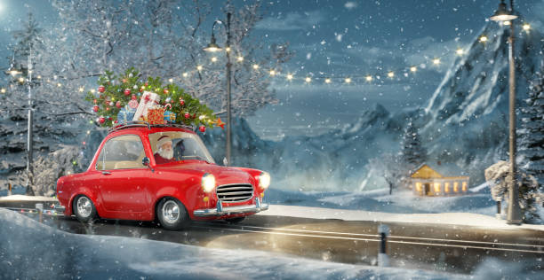 Santa claus in Cute little retro car with decorated christmas tree on top goes by wonderful countryside road. Santa claus in Cute little retro car with decorated christmas tree on top goes by wonderful countryside road. Unusual christmas 3d illustration funny santa cartoons pictures stock pictures, royalty-free photos & images