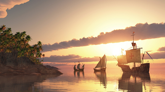Computer generated 3D illustration with the ships Santa Maria, Nina and Pinta of Christopher Columbus at sunset